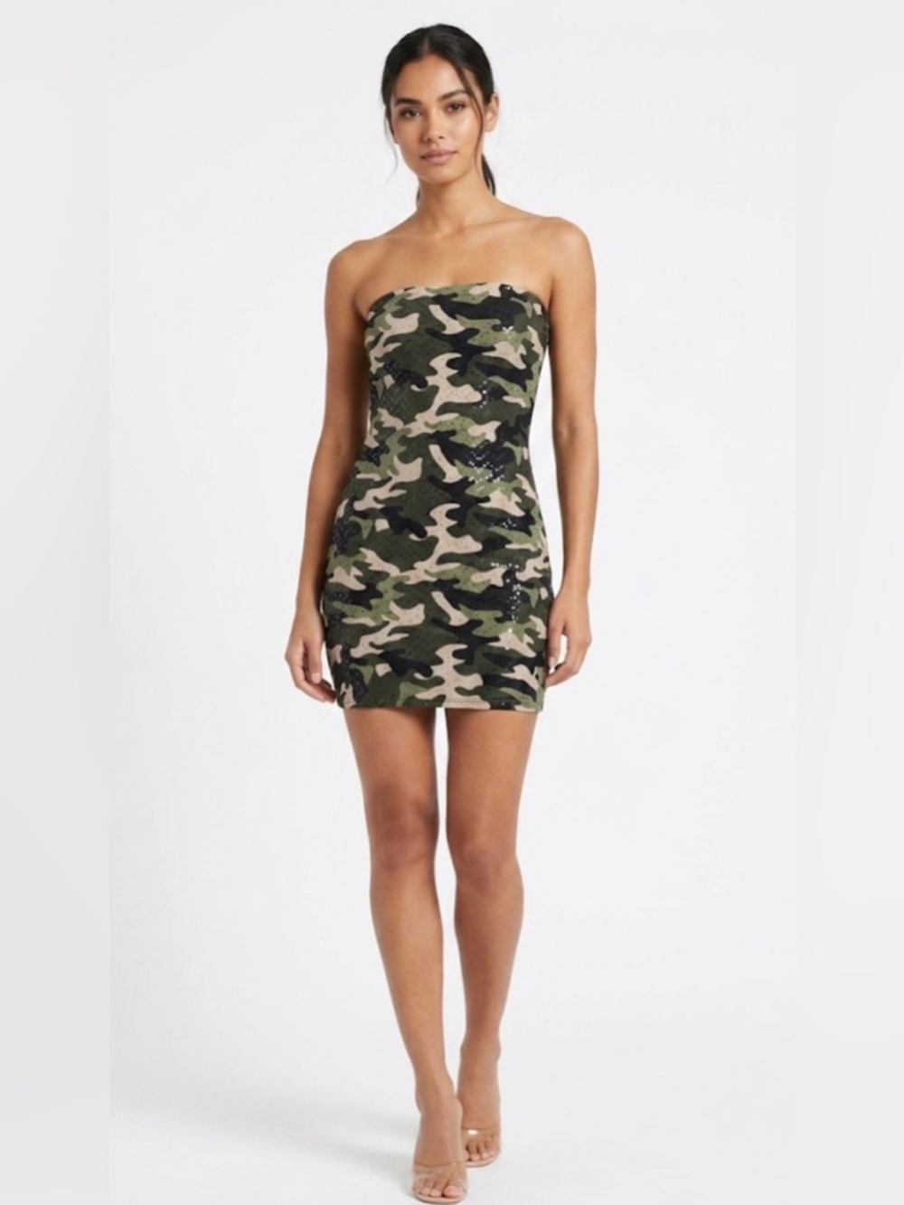 Love J women’s Dress size S Camo Sequin Strapless Pencil Excellent (A577)